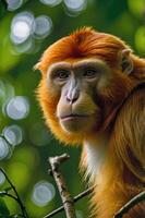 A close-up of a monkey with vibrant orange fur sitting on a branch in a lush green environment. photo