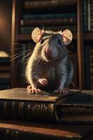 A rat perched on old books in a dimly lit library setting. photo