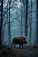 A wild boar stands in a misty forest, surrounded by tall, bare trees. photo