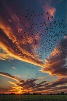 A stunning sunset with vibrant clouds and a flock of birds in flight. photo
