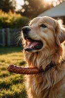 A golden retriever joyfully holds a chew toy in its mouth, set against a sunlit background. photo