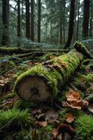 A moss-covered log in a serene forest setting, surrounded by fallen leaves and mushrooms. photo