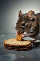 A close-up of a mouse eating a cracker with stacked crackers in the background. photo