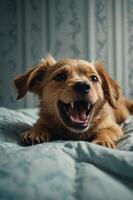 A playful dog with a joyful expression on a bed, showcasing its playful nature. photo