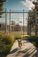 A playful dog runs towards an open gate in a sunny outdoor setting. photo