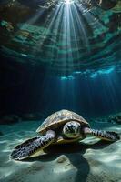 A serene underwater scene featuring a turtle illuminated by rays of sunlight. photo