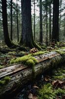 A serene forest scene featuring moss-covered logs and tall trees in a misty atmosphere. photo