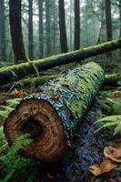 A moss-covered log in a misty forest, surrounded by ferns and trees. photo