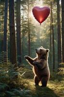 A bear in a forest reaching for a heart-shaped balloon, evoking a whimsical and playful mood. photo