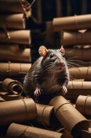 A rat amidst rolled cardboard tubes, showcasing its curious expression in a dimly lit setting. photo