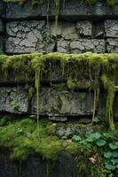 A close-up of moss-covered stone walls, showcasing nature's reclamation of man-made structures. photo