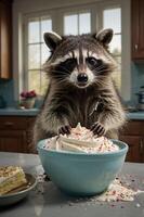 A raccoon playfully interacts with a bowl of whipped cream and sprinkles in a kitchen setting. photo