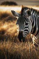 A close-up of a zebra in golden grass, showcasing its distinctive stripes and natural habitat. photo