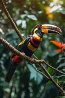 A vibrant toucan perched on a branch amidst lush greenery. photo