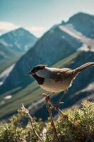 A bird perched on a branch with mountains in the background, showcasing nature's beauty. photo