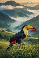 A vibrant toucan stands on grass with a misty mountainous landscape in the background. photo