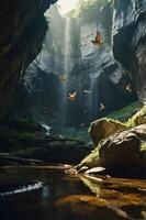 A serene cave with sunlight beams, a river, and birds soaring above lush greenery. photo