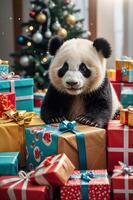 A panda surrounded by colorful gift boxes near a decorated Christmas tree. photo