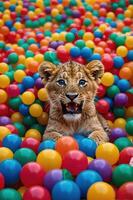 A playful lion cub surrounded by colorful plastic balls, evoking joy and innocence. photo