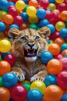 A playful lion cub surrounded by colorful balls, creating a whimsical and fun atmosphere. photo