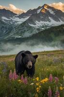 A bear stands in a vibrant flower field with mountains in the background during golden hour. photo