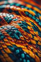 Close-up of vibrant, multicolored snake scales showcasing intricate patterns and textures. photo