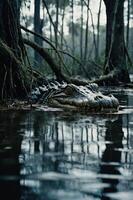A close-up of a crocodile's head partially submerged in murky water among trees. photo