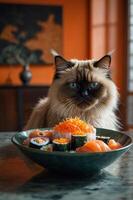 A cat sits in front of a bowl of sushi, showcasing a cozy dining atmosphere. photo