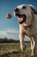 A joyful dog leaps to catch a treat in a sunny outdoor setting. photo