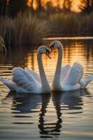 Two swans gracefully form a heart shape while swimming in a tranquil pond at sunset. photo