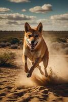 A joyful dog leaps through dusty terrain, capturing a moment of playful energy in nature. photo