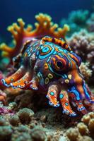 A vibrant octopus with intricate patterns resting on coral in a colorful underwater scene. photo
