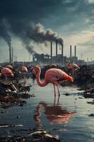 A solitary flamingo stands in polluted water amidst industrial smoke and debris. photo