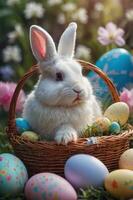 A fluffy white rabbit sits in a basket surrounded by colorful Easter eggs and flowers. photo