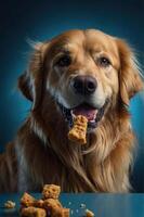 A golden retriever enjoying a treat with crumbs scattered around. photo