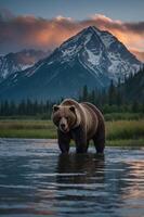 A majestic bear wades through water with a stunning mountain backdrop at sunset. photo