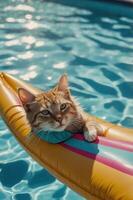 A cat lounging on a colorful float in a swimming pool, enjoying a sunny day. photo