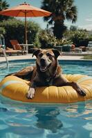 A dog relaxing on a yellow float in a pool on a sunny day. photo