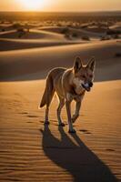 A dingo walks gracefully across sandy dunes during sunset, casting a long shadow. photo