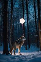 A wolf stands in a snowy forest, holding a balloon on a string, creating a whimsical scene. photo