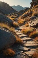 A winding stone path through rocky terrain and golden grass under a mountain backdrop. photo