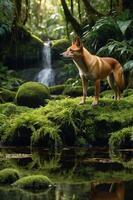 A dingo stands majestically on mossy rocks beside a tranquil forest stream. photo