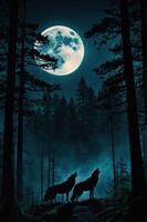 Two wolves howling under a full moon in a dark, misty forest. photo