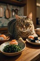 A cat lounging on a table next to sushi and salad, creating a cozy dining atmosphere. photo