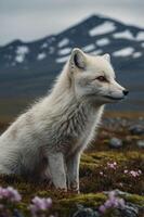 A serene Arctic fox sits amidst colorful flowers with mountains in the background. photo