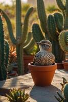 A bird perched in a terracotta pot surrounded by cacti in a warm, natural setting. photo