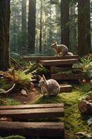 A serene forest scene featuring a squirrel and a rabbit among wooden structures and ferns. photo