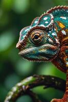 A colorful chameleon perched on a branch, showcasing its vibrant scales and intricate patterns. photo