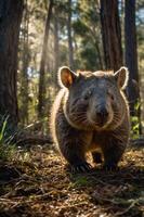 A close-up of a wombat in a sunlit forest, showcasing its features in a natural setting. photo