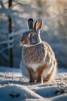 A rabbit stands in a snowy landscape, showcasing its fur and alert posture in nature. photo
